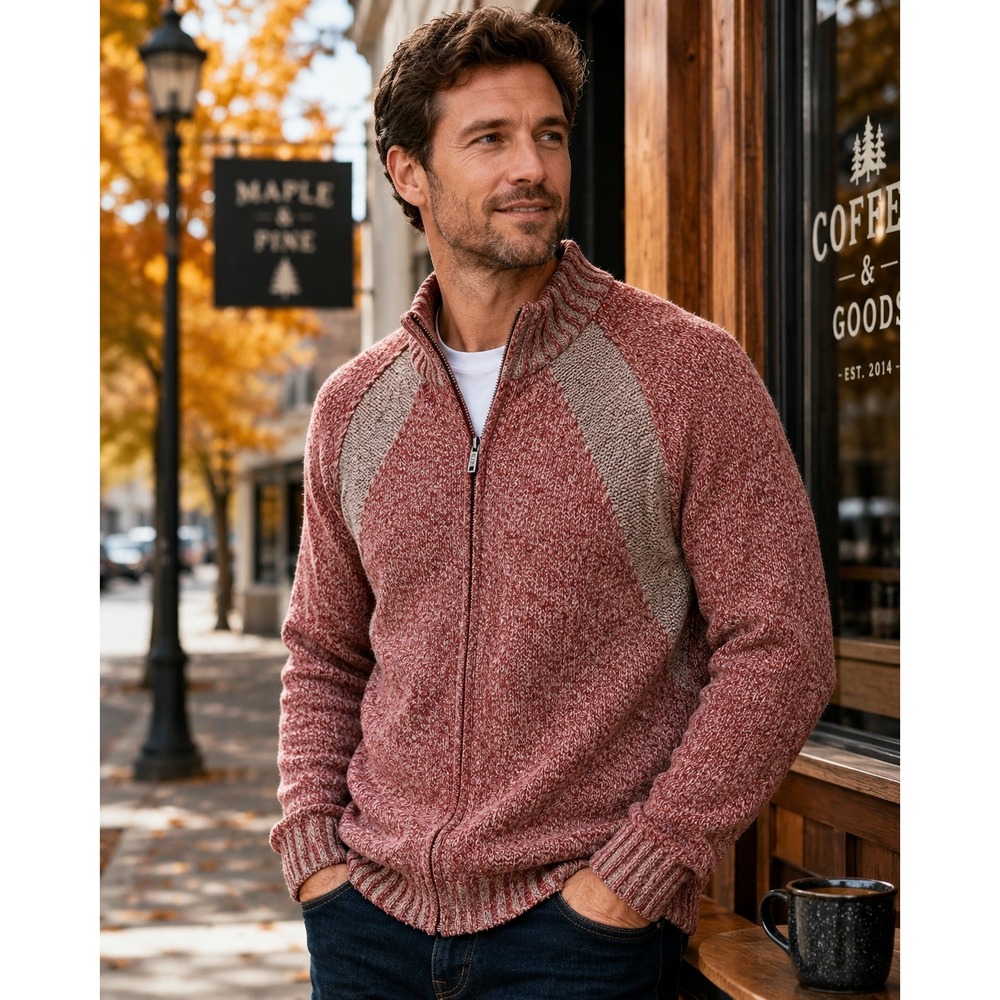 Orbac Merino Wool‎ Blend Full Zip Mock Neck Sweater Mens XL Marled Red Gray
